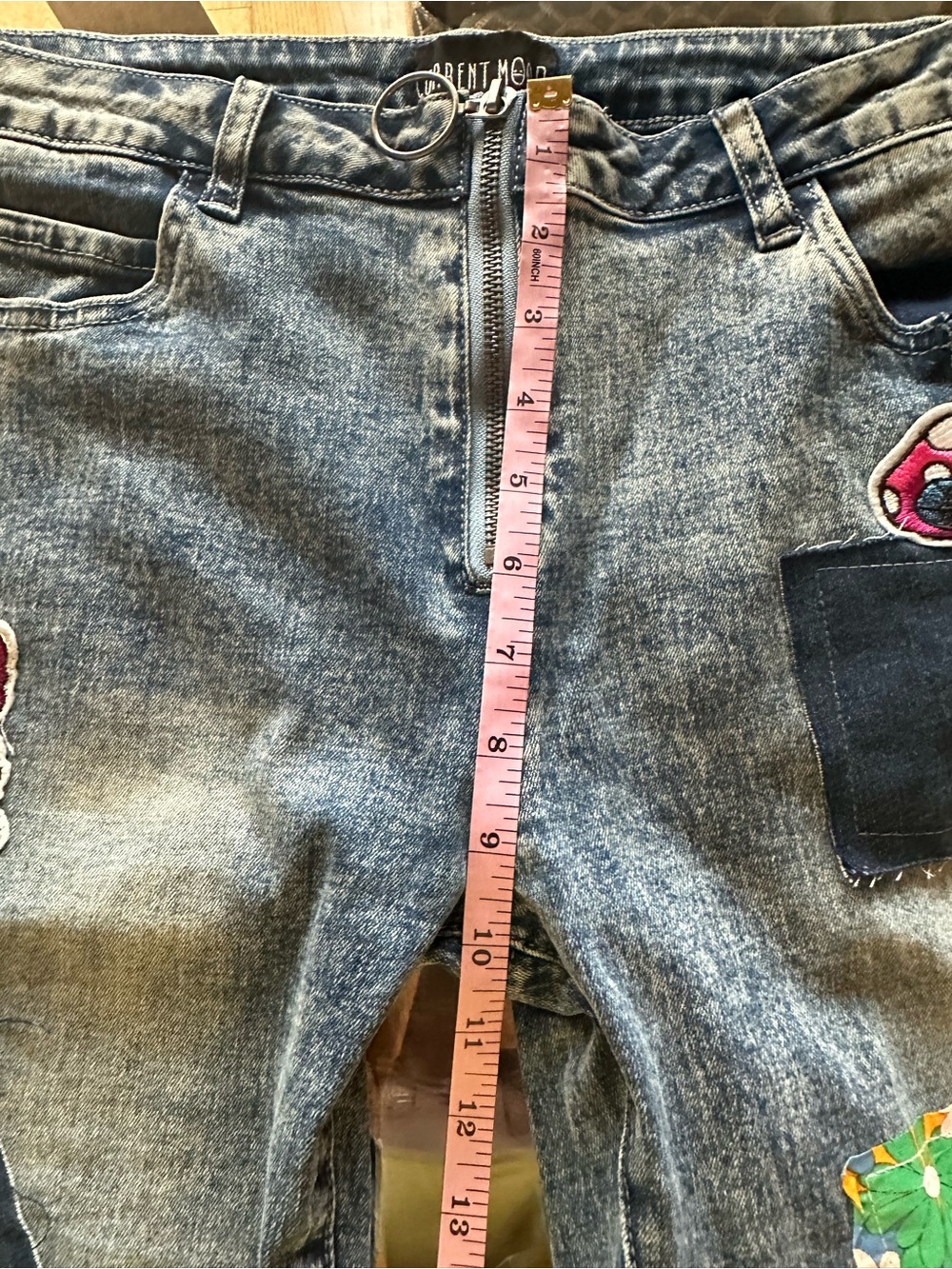 Dolls Kill Black-Grey Patchwork Flare Jeans with Colorful Appliqués NWT size XL - Picture 9 of 12